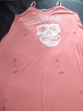 Misfits Graphic Distressed Slip Dress in Coral Pink